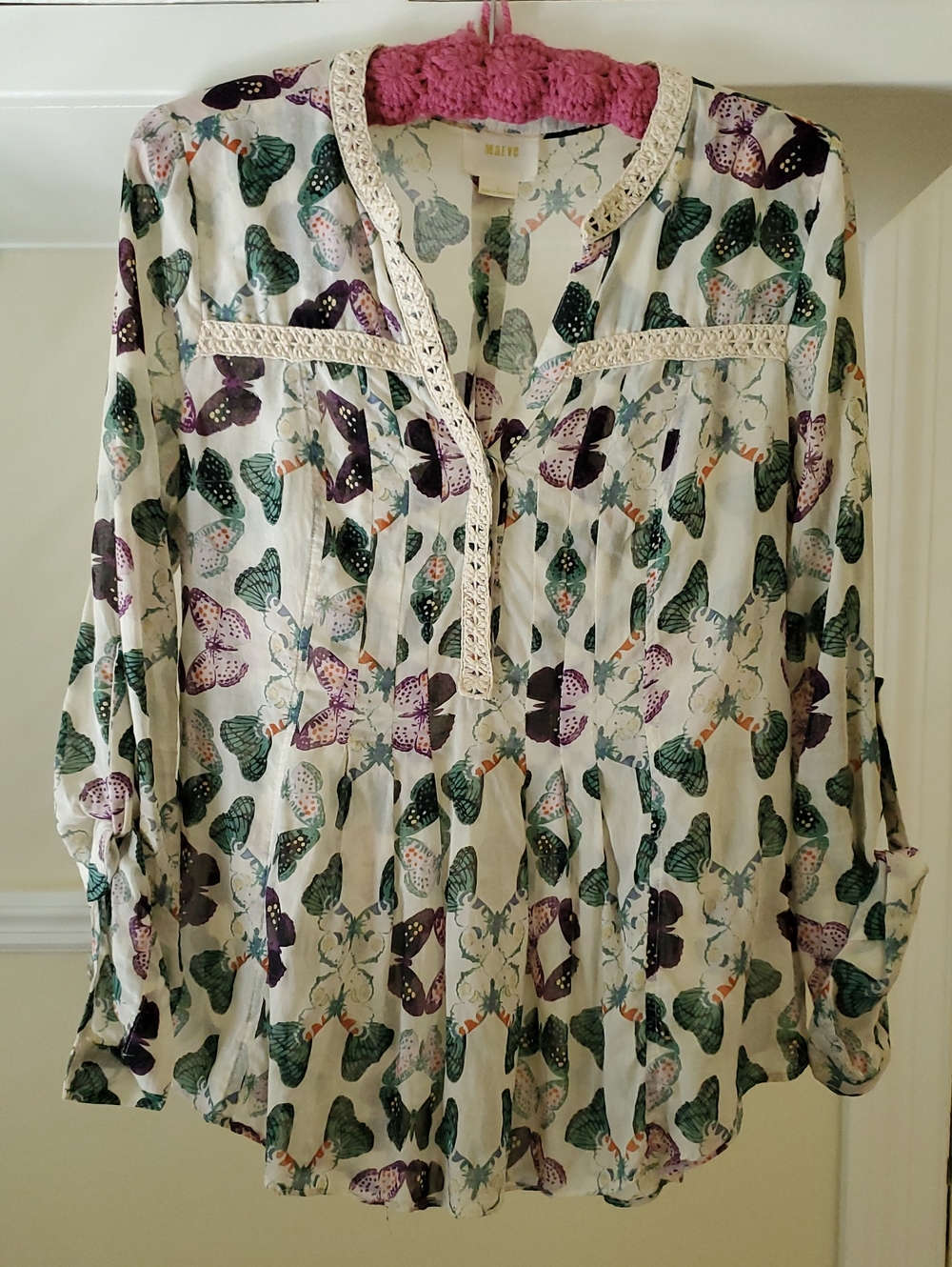 Maeve Anthropologie Cream Blouse with Green & Purple Butterfly Print